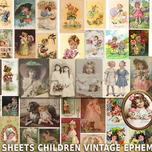Junk-dagboekkit, 38 vellen, DIGITALE vintage KINDEREN, efemere afdrukbare vintage kinderlabels tags plakboekkaarten collage antiek papier