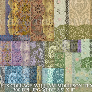 printable wallpaper WILLIAM MORRIS pattern design, textile,antique 8 Collage Sheets for junk journals, scrapbooks craft work, 300 dpi
