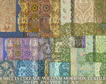 William Morris Printable Collage Sheets: Antique Textile Designs, 8 sheets for junk journal kit