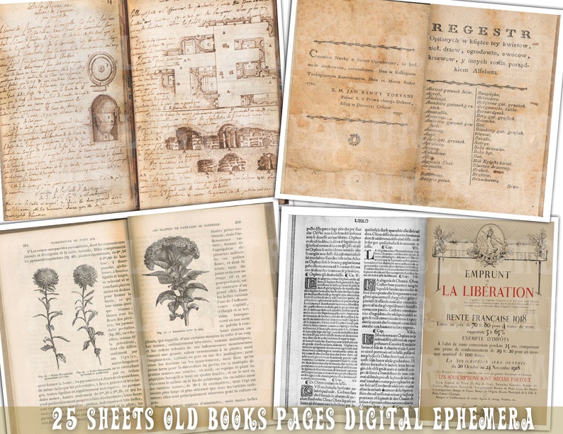 antique chabby paper textures, Printable junk journal supplies, old books paper pages, scrapbook paper, 25 digital collage sheets, digital ephemera, antique pages, tattered papers, antique papers, old books sheets, vintage ephemera, background pack