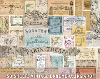 French Paris Vintage Ephemera Printable: Junk Journal Kit (30 Sheets) (Digital Download)