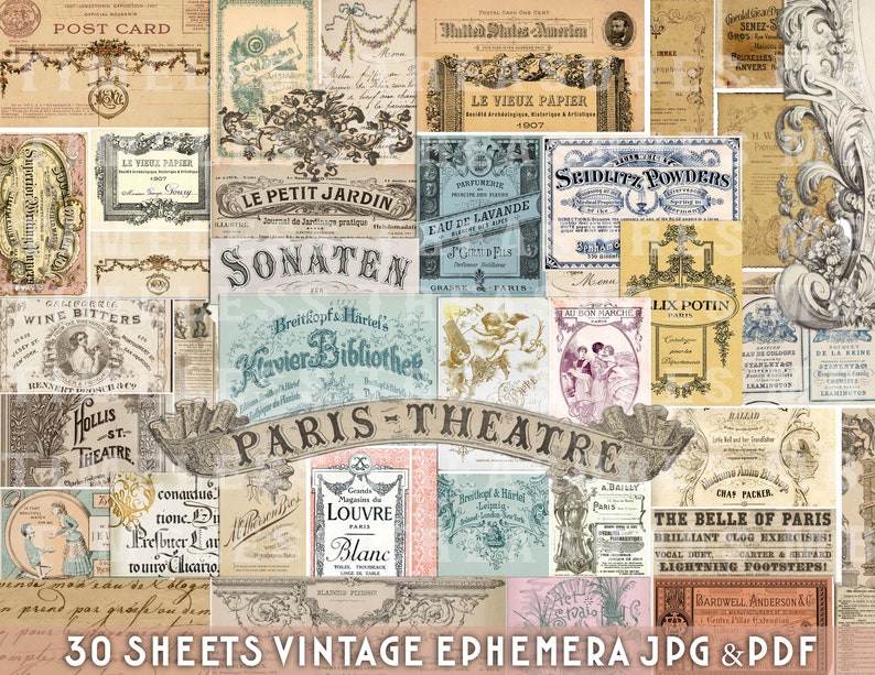 DIGITAL VINTAGE ephemera junk journal kit, 30 sheets, SET no. 10, printable labels, tags, scrapbook cards, collage, antique, ornaments, letters, Victorian ephemera, printable ephemera, antique paper, collage paper, paper craft work, shabby chic