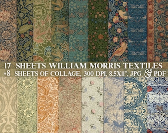 25 Bögen druckbare WILLIAM MORRIS Muster Design Collage textil, Tapete, Antik, Junk Journal Kit, Scrapbooks Bastelarbeit, 300 dpi