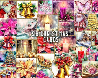 96 Vintage Christmas Cards: Printable Junk Journal Ephemera (Digital Download)  labels, collage, 8 sheet