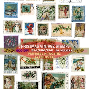 Navidad Vintage falso sellos postales digitales imprimibles sellos postales de Navidad efímera Junk Journal Kit papel digital Collage Sheet álbum de recortes
