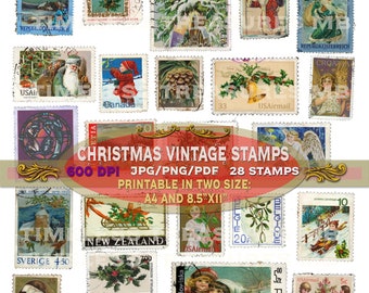 Vintage Christmas Stamps Printable, Ephemera Collage (Digital Download)