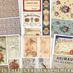 digital vintage labels, Printable ephemera, junk journal kit, FRENCH EPHEMERA SET 1, 25 sheets, , vintage tags, antique ads, scrapbook sheets, collage digital sheets, antique papers, digital print, old tattered papers, victorian papers, france, paris