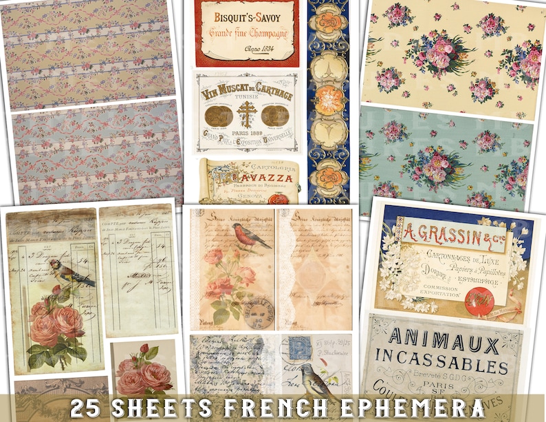 digital vintage labels, Printable ephemera, junk journal kit, FRENCH EPHEMERA SET 1, 25 sheets, , vintage tags, antique ads, scrapbook sheets, collage digital sheets, antique papers, digital print, old tattered papers, victorian papers, france, paris