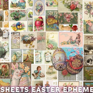 DIGITAL ephemera EASTER junk journal kit, 26 sheets printable vintage cards, bunny, eggs, nest, chicks scrapbook collage antique ornaments