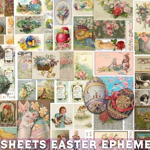 DIGITAL ephemera EASTER junk journal kit, 26 sheets printable vintage cards, bunny, eggs, nest, chicks scrapbook collage antique ornaments