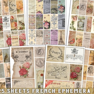 FRENCH EPHEMERA SET 1,  25 sheets, Printable ephemera, junk journal kit,  digital vintage labels, vintage tags, antique ads, scrapbook sheets, collage digital sheets, antique papers, digital print, old tattered papers, victorian papers, france, paris