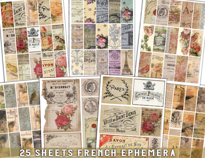 FRENCH EPHEMERA SET 1,  25 sheets, Printable ephemera, junk journal kit,  digital vintage labels, vintage tags, antique ads, scrapbook sheets, collage digital sheets, antique papers, digital print, old tattered papers, victorian papers, france, paris