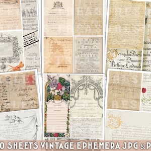 May include: A collection of 30 vintage ephemera sheets in JPG and PDF format. The sheets feature a variety of designs, including handwritten letters, floral illustrations, and ornate frames. The sheets are perfect for scrapbooking, card making, and other crafting projects.