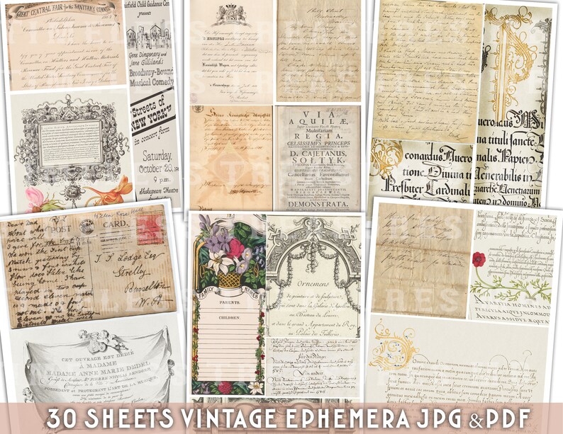 May include: A collection of 30 vintage ephemera sheets in JPG and PDF format. The sheets feature a variety of designs, including handwritten letters, floral illustrations, and ornate frames. The sheets are perfect for scrapbooking, card making, and other crafting projects.