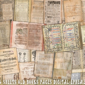 Junk journal supplies, 25 sheets, old books paper pages, antique chabby paper textures, scrapbook kit, digital collage, printable ephemera