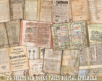 Puede incluir: Una colección de 25 imágenes digitales de páginas de libros antiguos. Las páginas están en varios estados de desgaste, algunas muestran signos de edad y uso. Las páginas presentan una variedad de textos e ilustraciones, incluyendo dibujos botánicos, notas manuscritas y bordes decorativos.