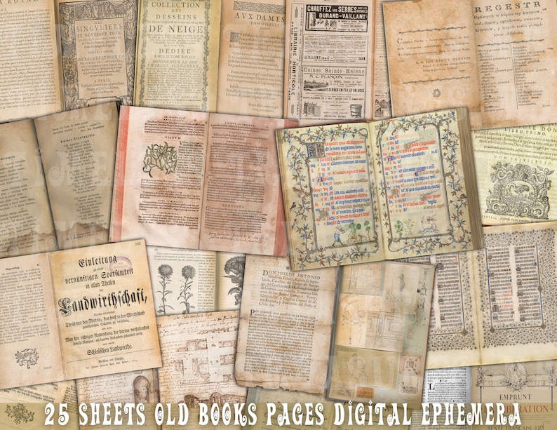 Printable junk journal supplies, old books paper pages, antique chabby paper textures, scrapbook paper, 25 digital collage sheets, digital ephemera, antique pages, tattered papers, antique papers, old books sheets, vintage ephemera, background pack