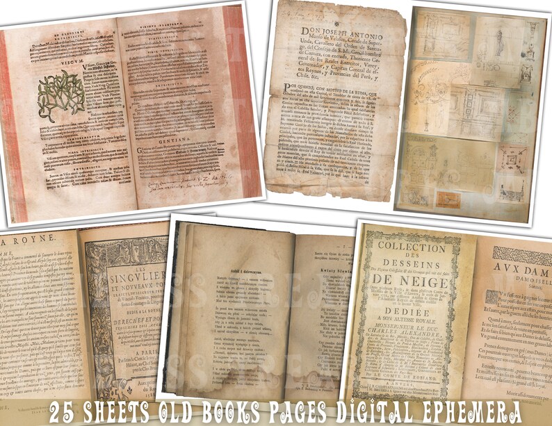 old books paper pages, Printable junk journal supplies,  antique chabby paper textures, scrapbook paper, 25 digital collage sheets, digital ephemera, antique pages, tattered papers, antique papers, old books sheets, vintage ephemera, background pack