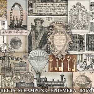 STEAMPUNK EPHEMERA, 23 sheets, junk journal kit, printable vintage labels tags ads, scrapbook cards collage crafts, antique grunge, SET 5.