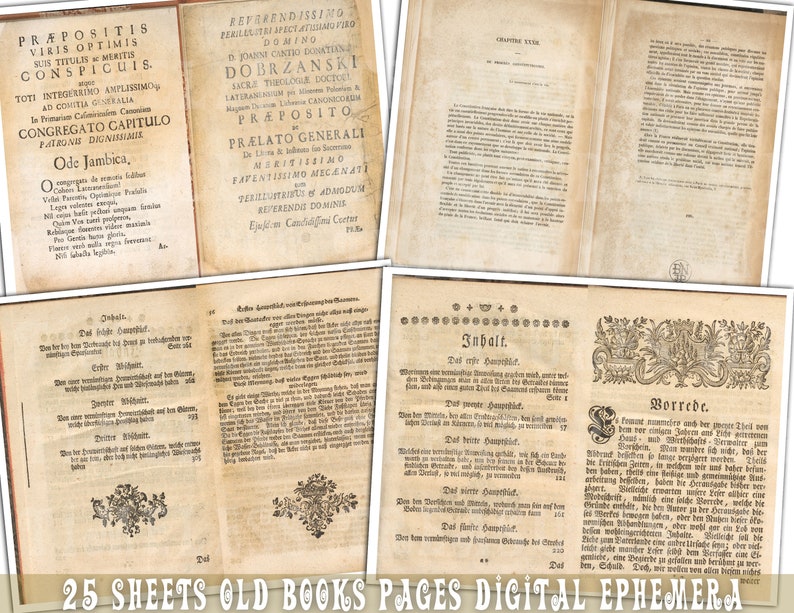 K&ouml;nnte beinhalten: Eine Sammlung von 25 digitalen Bildern alter Buchseiten. Die Seiten sind in verschiedenen Sprachen, darunter Deutsch, Latein und Franz&ouml;sisch. Die Seiten sind gealtert und haben eine vergilbte Optik. Die Bilder sind perfekt f&uuml;r Scrapbooking, digitale Kunst oder andere kreative Projekte.
