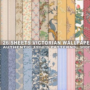 Vintage wallpaper, 26 sheets, background pattern, tear sheets, floral, junk journal supplies, printable scrapbook kit, antique paper collage