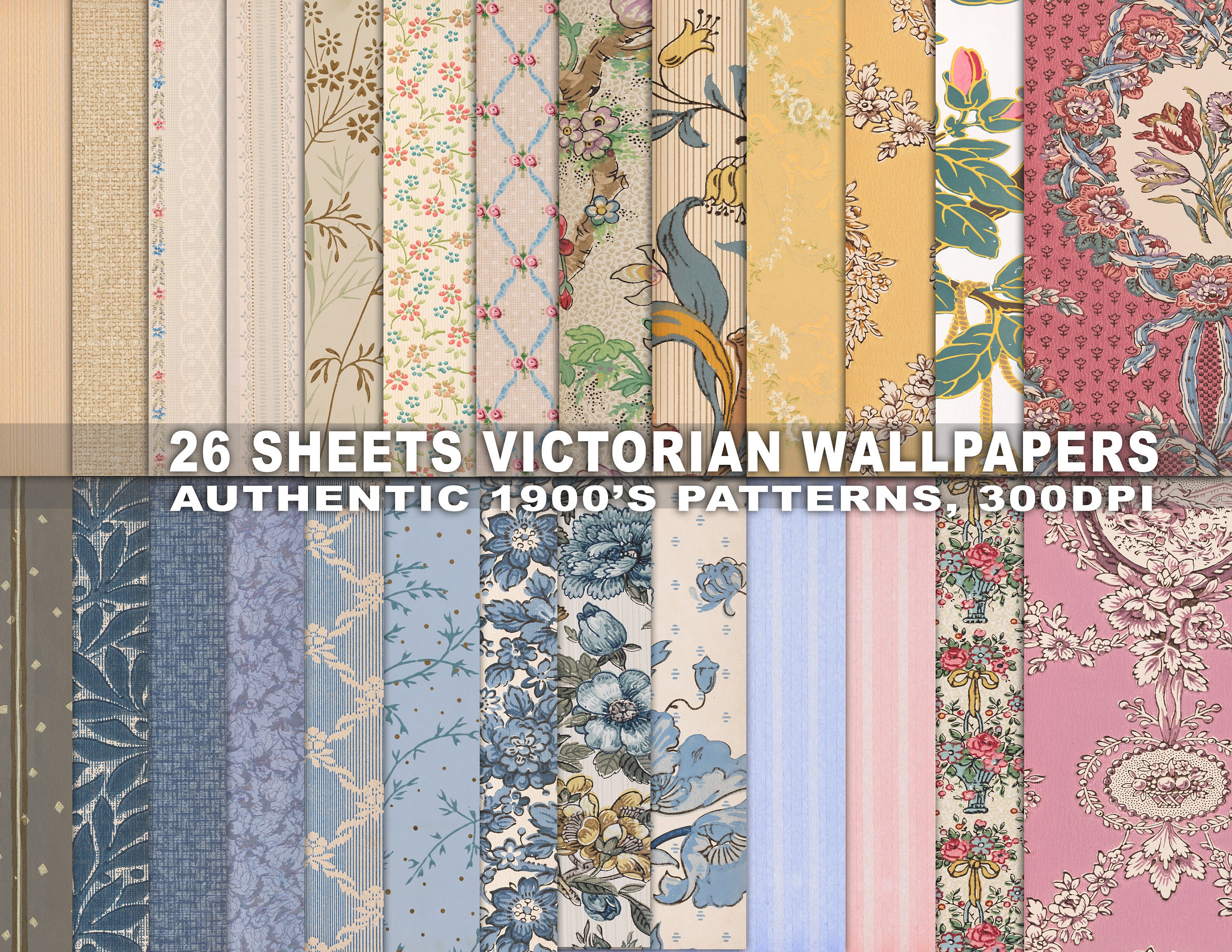 Vintage wallpaper, 26 sheets, background pattern, tear sheets, floral, junk journal supplies, printable scrapbook kit, antique paper collage
