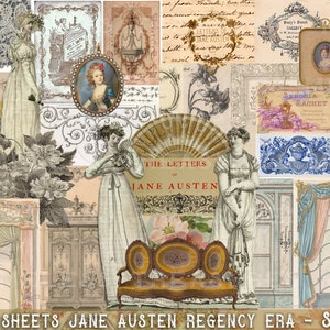 JANE AUSTEN 25 fogli, materiale effimero stampabile, kit diario spazzatura, epoca Regency, SET 1, etichette vintage digitali, annunci, collage di carte di scrapbooking