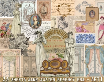 Puede incluir: Un collage digital de 25 hojas imprimibles con imágenes de la época de la Regencia. El collage incluye imágenes de mujeres con vestidos de época, muebles, flores y texto que dice "The Letters of Jane Austen".