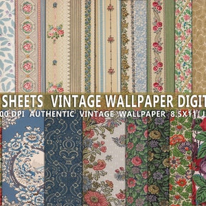 Wallpaper digital 20 sheets, vintage antique tear paper, floral pattern background, Junk journal kit supplies, printable scrapbook pages