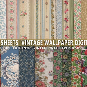 Wallpaper digital 20 sheets, vintage antique tear paper, floral pattern background, Junk journal kit supplies, printable scrapbook pages