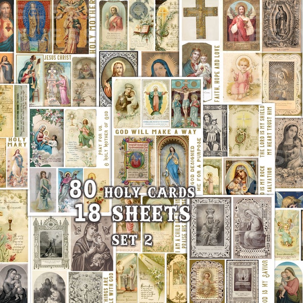 Holy cards, 18 sheets, SET 2, religious prayer cards, Catholic, Holy Mary, Jesus, printable Junk journal ephemera, antique papers clipart