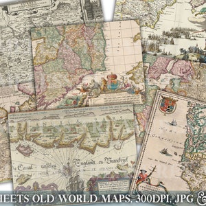 vintage maps, Antique world maps, digital paper, old world maps,  old travel maps, grunge junk journal maps, ephemera kit supply, 23 sheets, paper crafts, scrapbook cards, digital prints, old paper, background digital paper, decoupage paper,