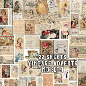 Tijdelijke ongewenste tijdschriften, afdrukbare handelskaarten, plakboekpapier, collage, VINTAGE ADVERTENTIES mix SET 1, 22 vellen, antiek, etiketten, digitals