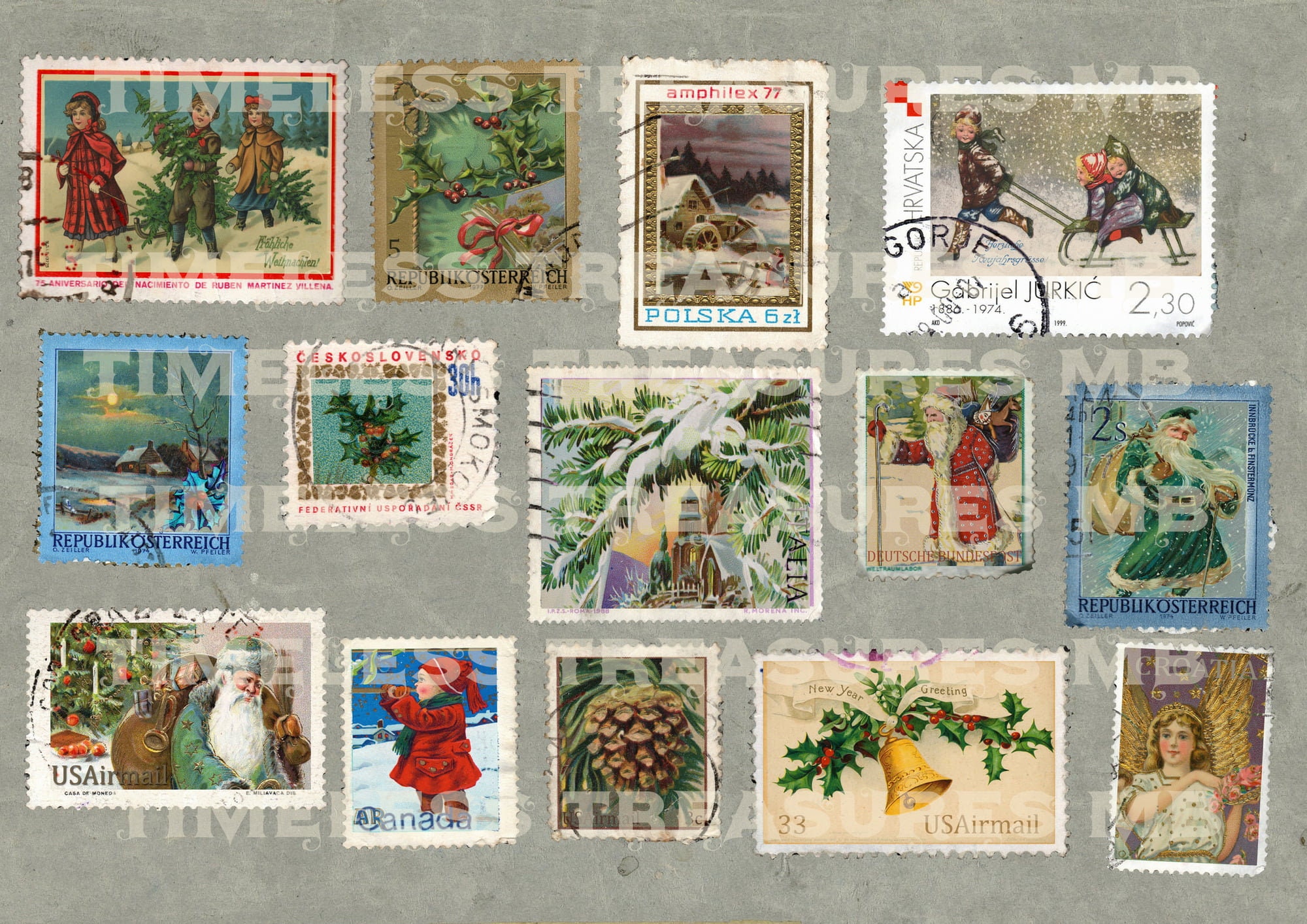 Vintage Christmas Stamps Printable, Ephemera Collage (digital Download ...