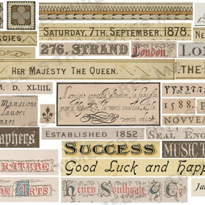 70 Vintage labels random numbers and words ephemera scrapbook junk journal kit cards tags collage digital printable sheets, 6 sheets 6 color