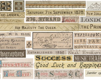 Puede incluir: Una colección de elementos de tipografía y diseño vintage, que incluyen el texto "The Ladies", "Saturday, 7th September 1878", "276. Strand London", "London", "Her Majesty The Queen", "The Prince", "Imjair M. D. XLIIII", "Moderne Mansioni", "Laggiadri Lavori", "Vasi Numeri", "Lithographers", "Established 1852", "Success", "Music Trades", "Good Luck and Happiness", "Fine Arts", "Henry Southgate & Co" y "Janvier 1914".