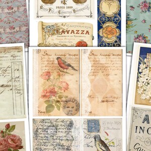 Op de afbeelding: Een collage van vintage afbeeldingen met bloemenpatronen, handgeschreven tekst en vogels. De afbeeldingen zijn in tinten blauw, roze en bruin en hebben een verweerde, antieke uitstraling.