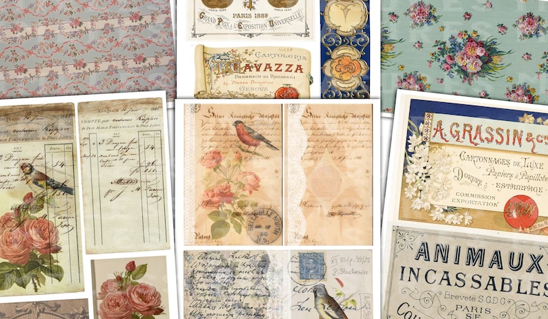 Op de afbeelding: Een collage van vintage afbeeldingen met bloemenpatronen, handgeschreven tekst en vogels. De afbeeldingen zijn in tinten blauw, roze en bruin en hebben een verweerde, antieke uitstraling.