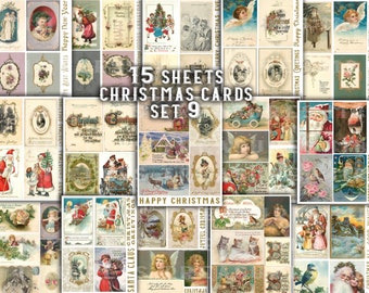 Könnte beinhalten: Eine Sammlung von 15 Vintage-Weihnachtskarten, Set 9, mit verschiedenen festlichen Illustrationen. Die Karten zeigen Bilder von Weihnachtsmännern, Engeln, Winterszenen und Weihnachtsgrüßen. Der Text "Happy Christmas" und "Christmas Cards" ist sichtbar.