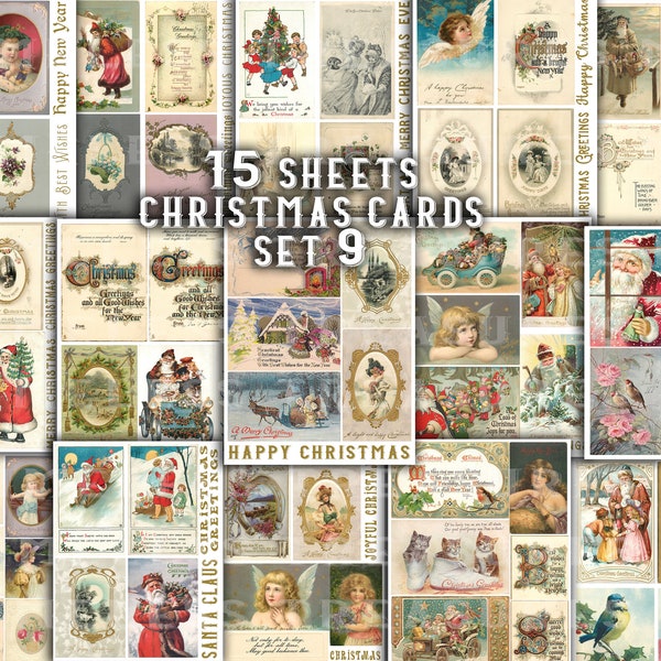 Christmas cards, 15 sheets, printable vintage Christmas greeting cards, Junk journal ephemera, scrapbook paper, collage kit, antique papers