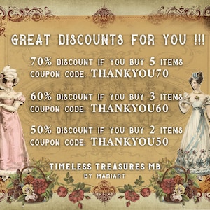 May include: A vintage-style advertisement with two women in dresses. The text reads "GREAT DISCOUNTS FOR YOU!!!" with details about discounts for buying multiple items and coupon codes: "THANKYOU70", "THANKYOU60", and "THANKYOU50". The bottom of the advertisement reads "TIMELESS TREASURES MB BY MARIART".
