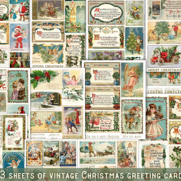 CHRISTMAS Vintage, 23 sheets, Greeting cards, tags, labels ads, collage, junk journal kit, craft works, Christmas best wishes, Santa Claus