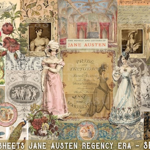 Jane Austen Regency-tijdperk, 25 vellen, afdrukbare ephemera, junk-dagboekkit, SET 2, digitale vintage labels, tags advertenties, plakboekkaarten collage