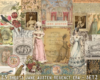 Jane Austen Regency Era, 25 sheets, Printable ephemera, junk journal kit, SET 2, digital vintage labels tags ads, scrapbook cards collage