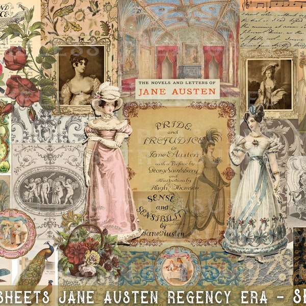 Jane Austen Regency Era, 25 Blatt, druckbare Ephemera, Junk Journal Kit, SET 2, digitale Vintage-Etiketten, Tags, Anzeigen, Scrapbook-Karten-Collage