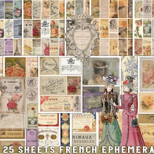 Ephemera imprimable 25 feuilles, kit de journal indésirable, FRENCH EPHEMERA SET 1, étiquettes numériques vintage, étiquettes annonces, kit de scrapbooking, collage de cartes antique