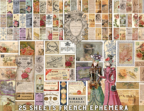 French Ephemera Kit: Vintage Labels, Tags, Ads (25 Printable Sheets) (Digital Download) SET 1
