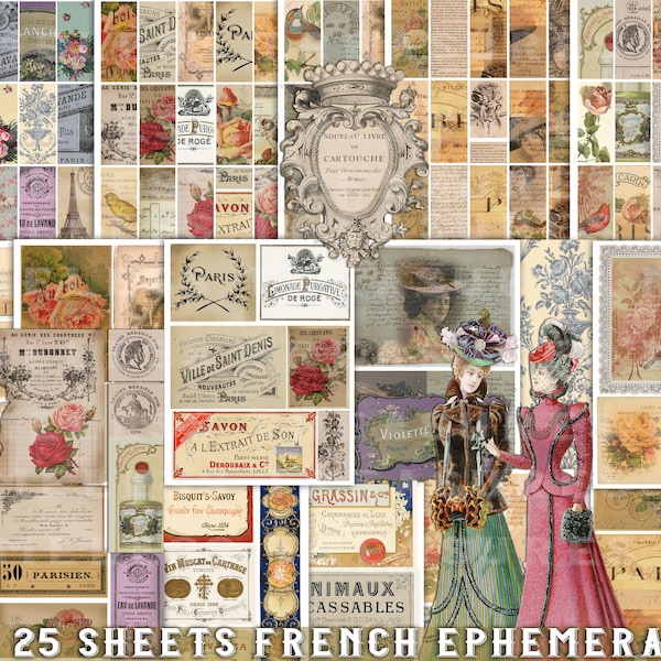 Ephemera imprimable 25 feuilles, kit de journal indésirable, FRENCH EPHEMERA SET 1, étiquettes numériques vintage, étiquettes annonces, kit de scrapbooking, collage de cartes antique