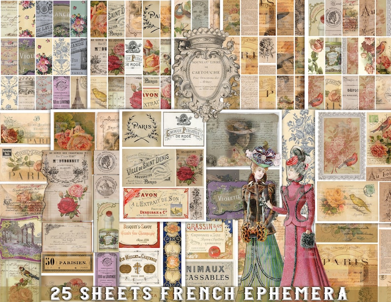Printable ephemera, junk journal kit, FRENCH EPHEMERA SET 1,  25 sheets, digital vintage labels, vintage tags, antique ads, scrapbook sheets, collage digital sheets, antique papers, digital print, old tattered papers, victorian papers, france, paris