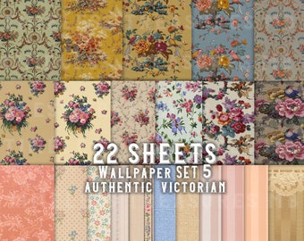 Puede incluir: Un collage de 22 patrones de papel tapiz floral vintage en una variedad de colores y diseños. El texto "22 SHEETS WALLPAPER SET 5 AUTHENTIC VICTORIAN" se muestra en el centro de la imagen.